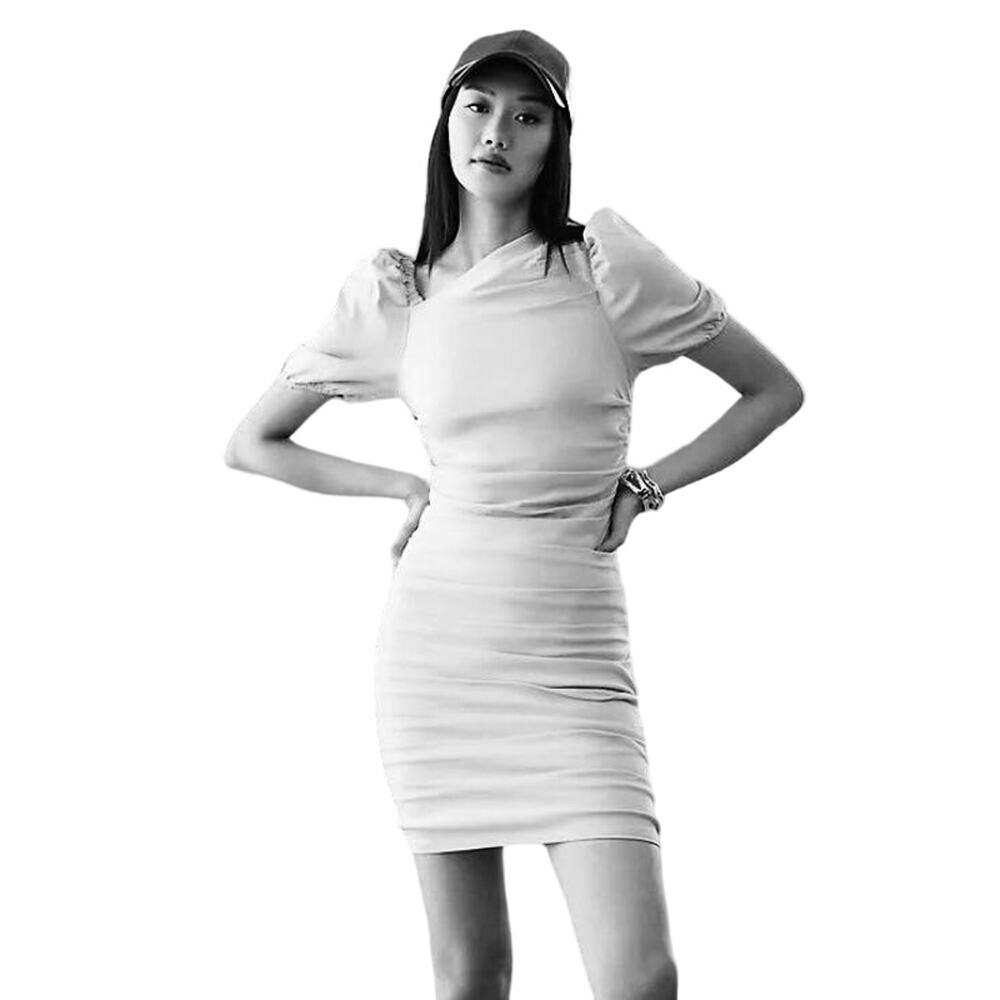 New Anthropologie Maeve Slim Puff-Sleeve Ruched Dress $148 PLUS 1X White